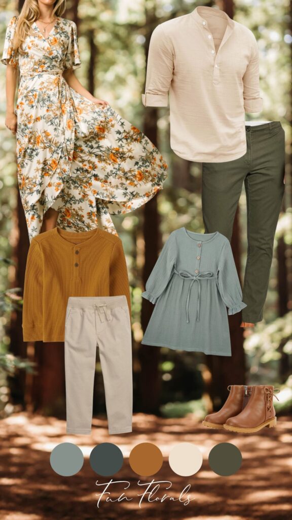 A moodboard of fall outfit inspo great for fall family photography sessions, including a floral dress, yellow top and blue girls dress.