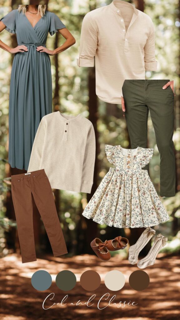 Outfits that photograph well for a fall family photography session in a moodboard. A blue womens dress, a floral girls dress, and neutral tops for the guys.