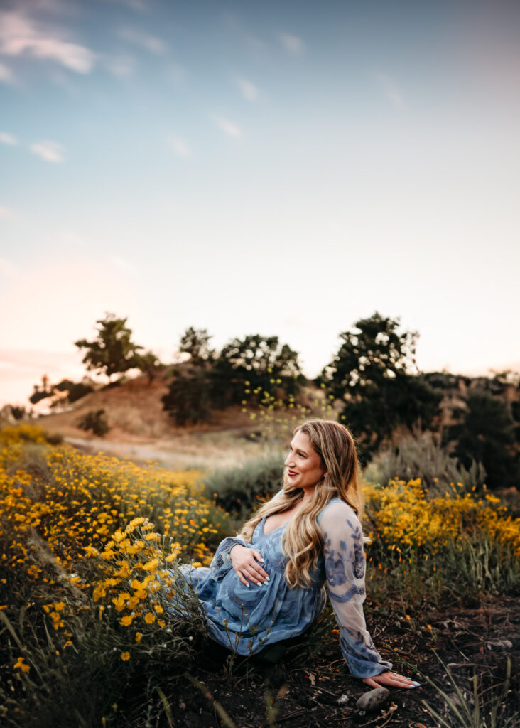 maternity photos in the mountains, a pregnant mom surrounded by flowers, looking down from the hill tops