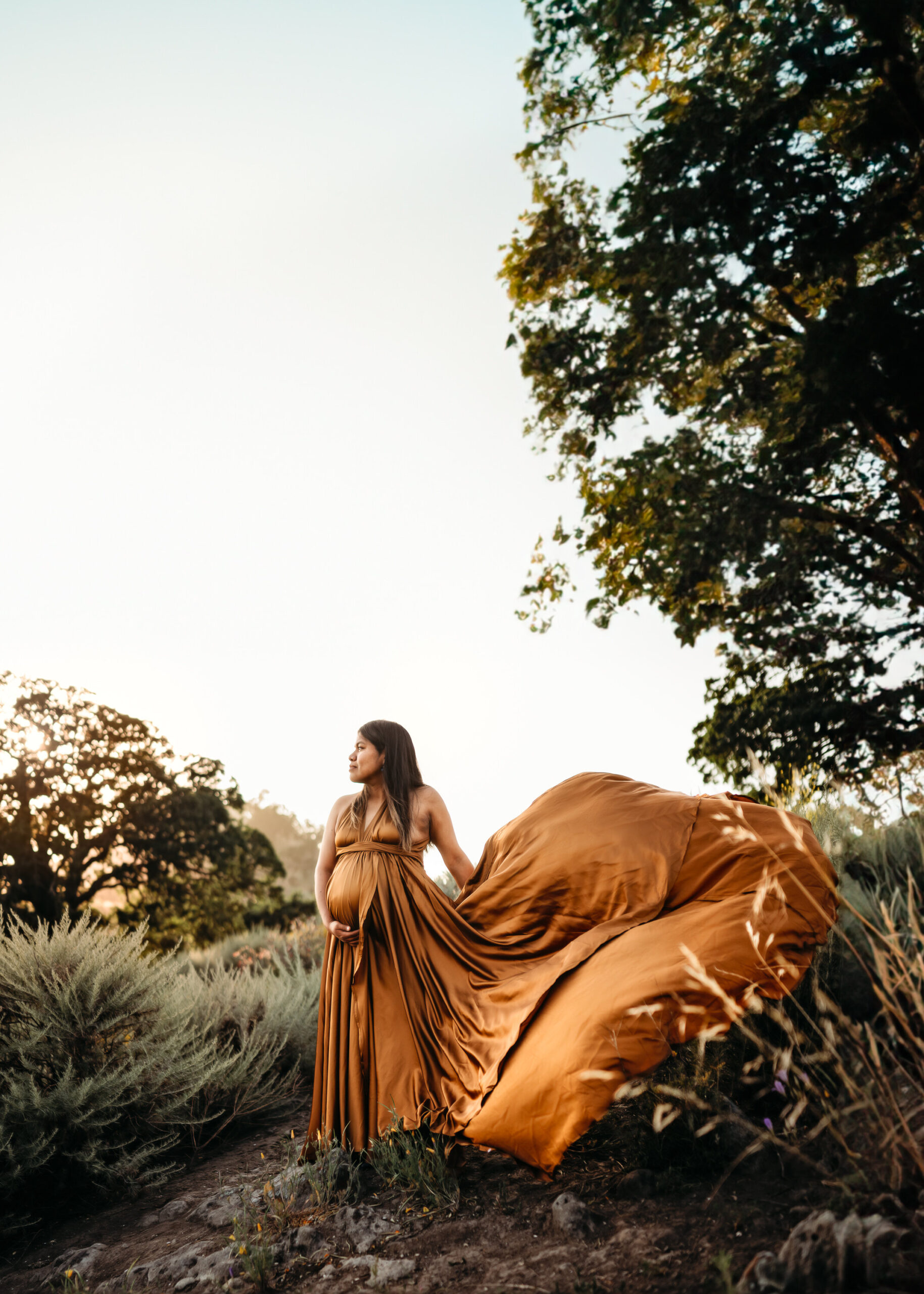 A pregnant mama wearing a client closet maternity dress. The dress flows behind her, and she holds her pregnant belly with one hand. Her maternity pictures are in a walnut creek park.