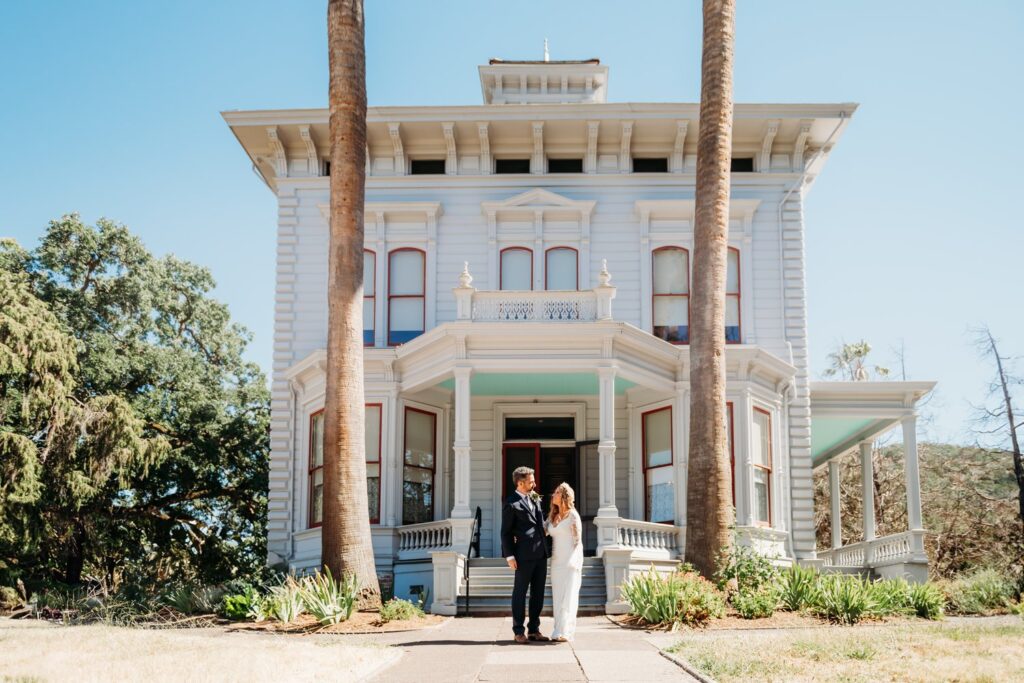 Bride and Groom outside the historic John Muir House after their wedding ceremony