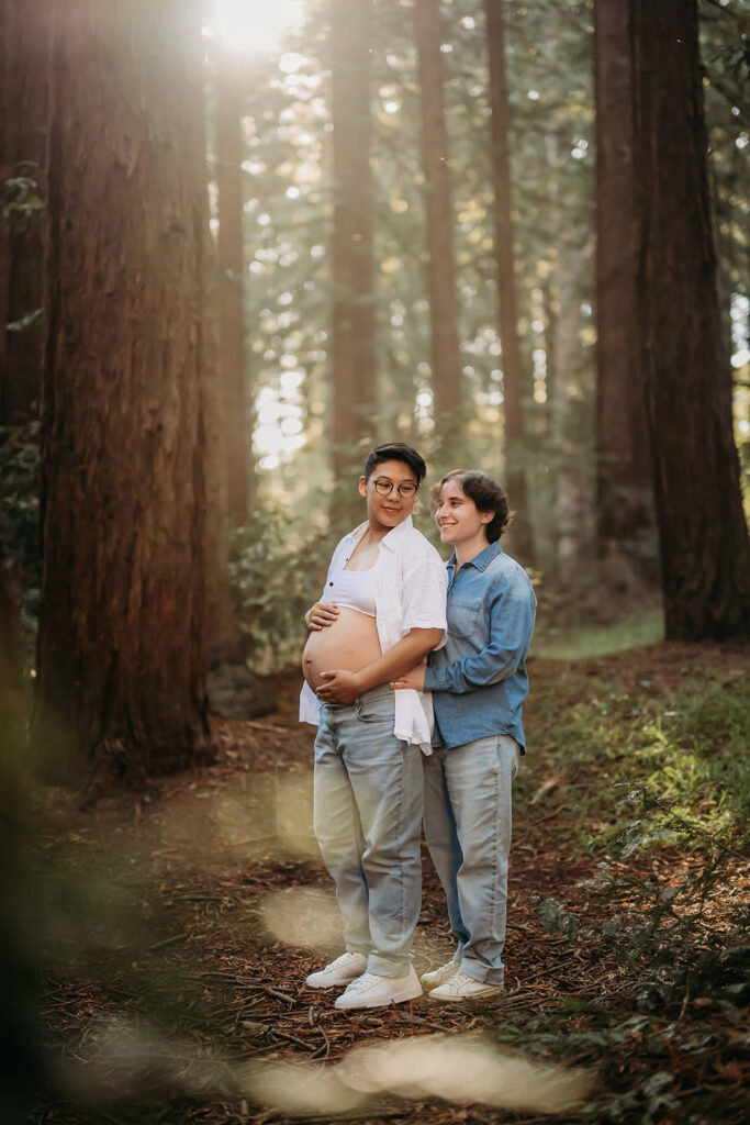 maternity photos in the redwood forest with 2 women 