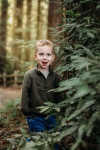 boy hides in branches of redwood tree