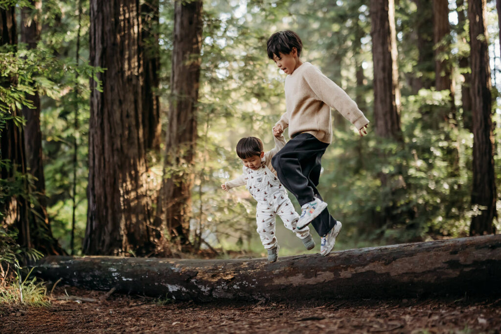 two brothers hold hands and jump off a redwood log