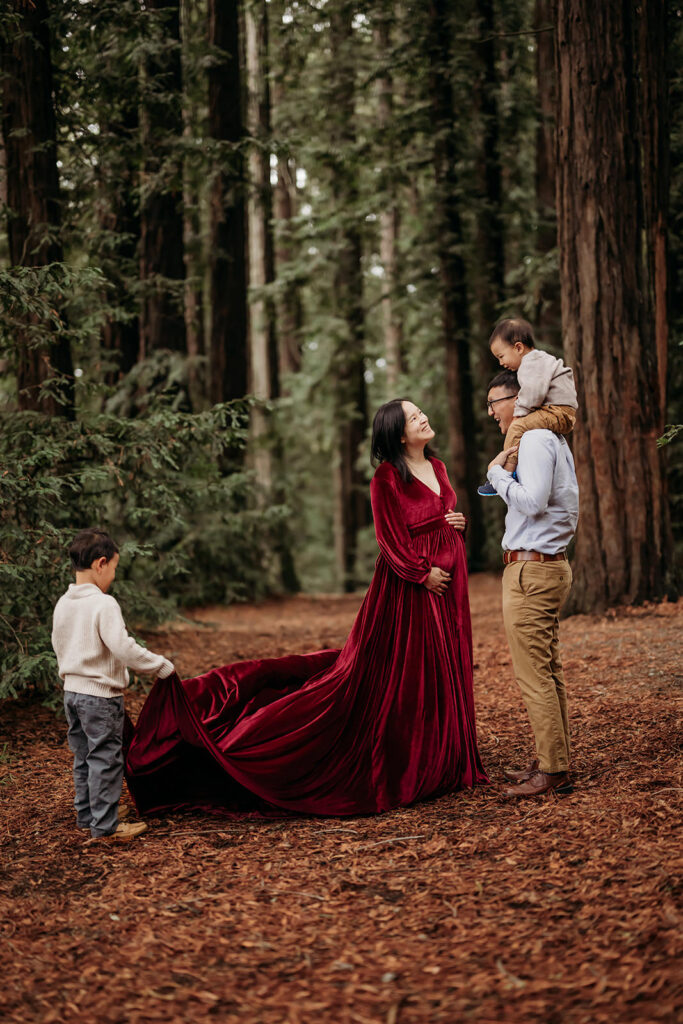 Family gathered among towering redwoods, parents holding their children close as one child gently lifts a flowing dress during a Lamorinda family photo session.